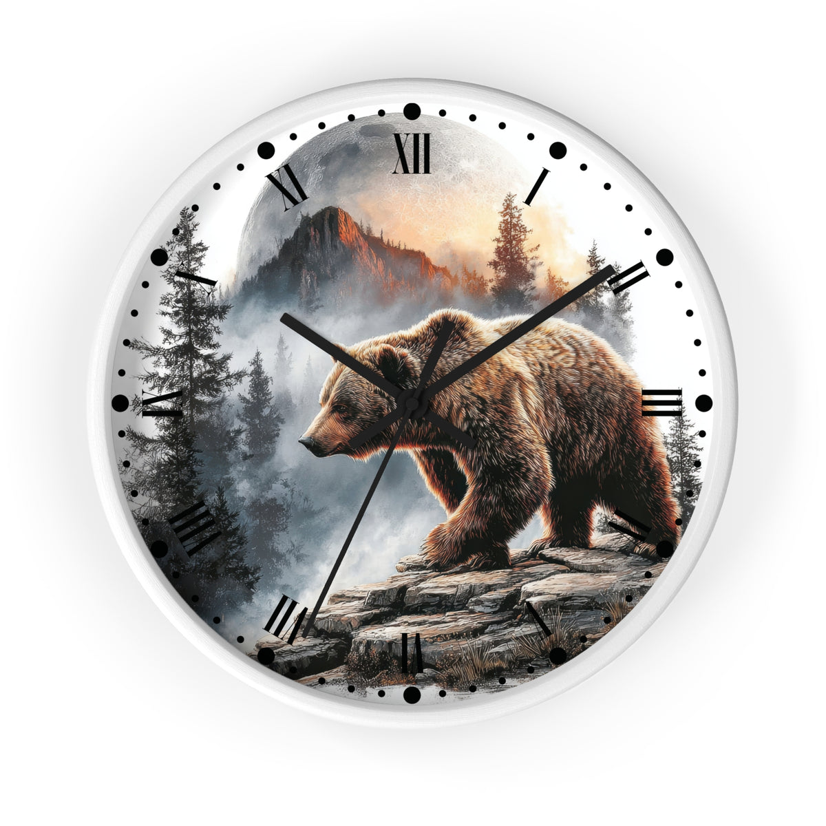 Round wall clock with a white frame and a printed scenic dial showing a brown bear standing on rocks in a misty mountain forest. Black Roman numerals, black dot hour markers, and black clock hands are visible against a white background.