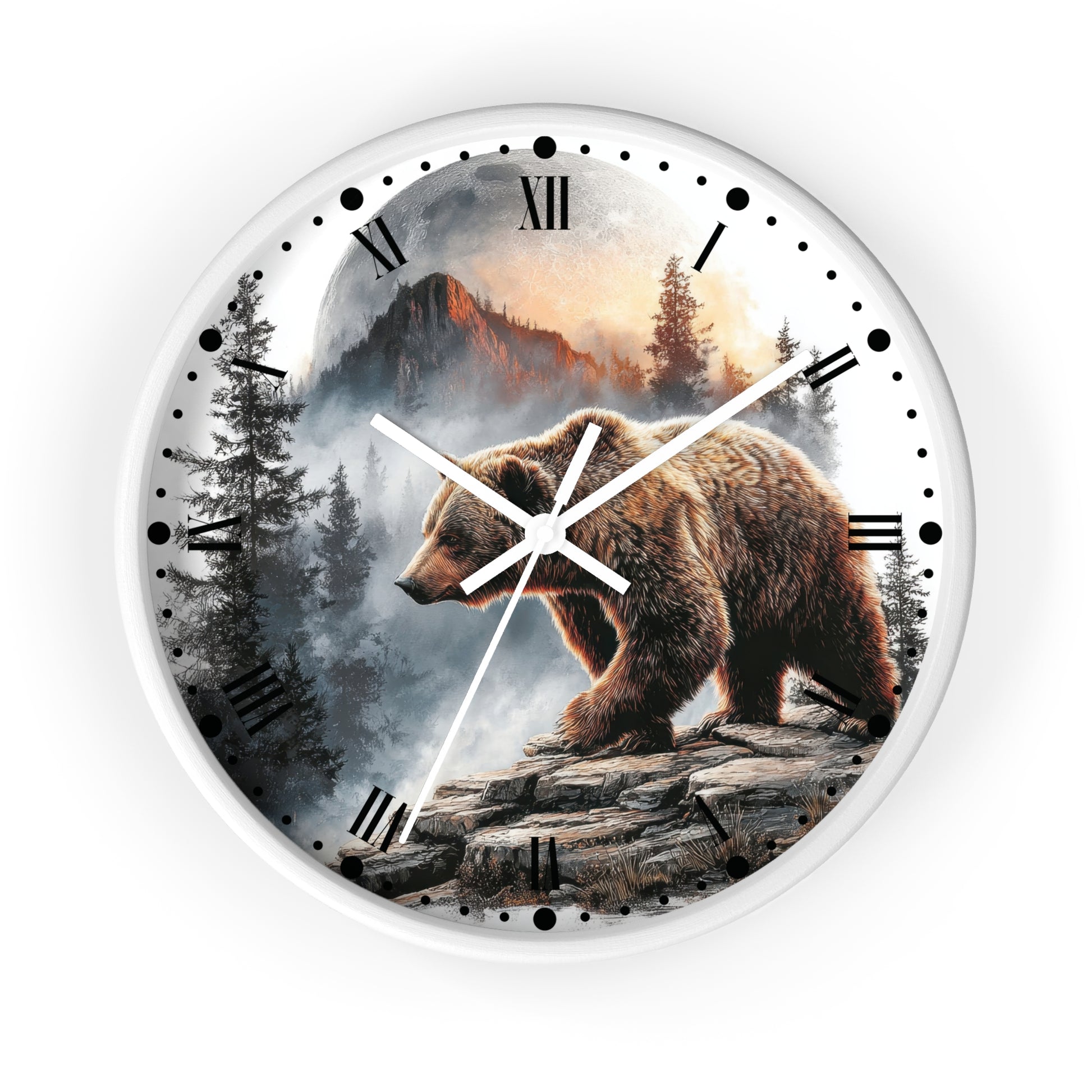 Round wall clock with a white frame and a scenic print of a brown bear standing on rocks in a misty mountain forest. The clock face has black Roman numerals, black dot hour markers, and white hands.