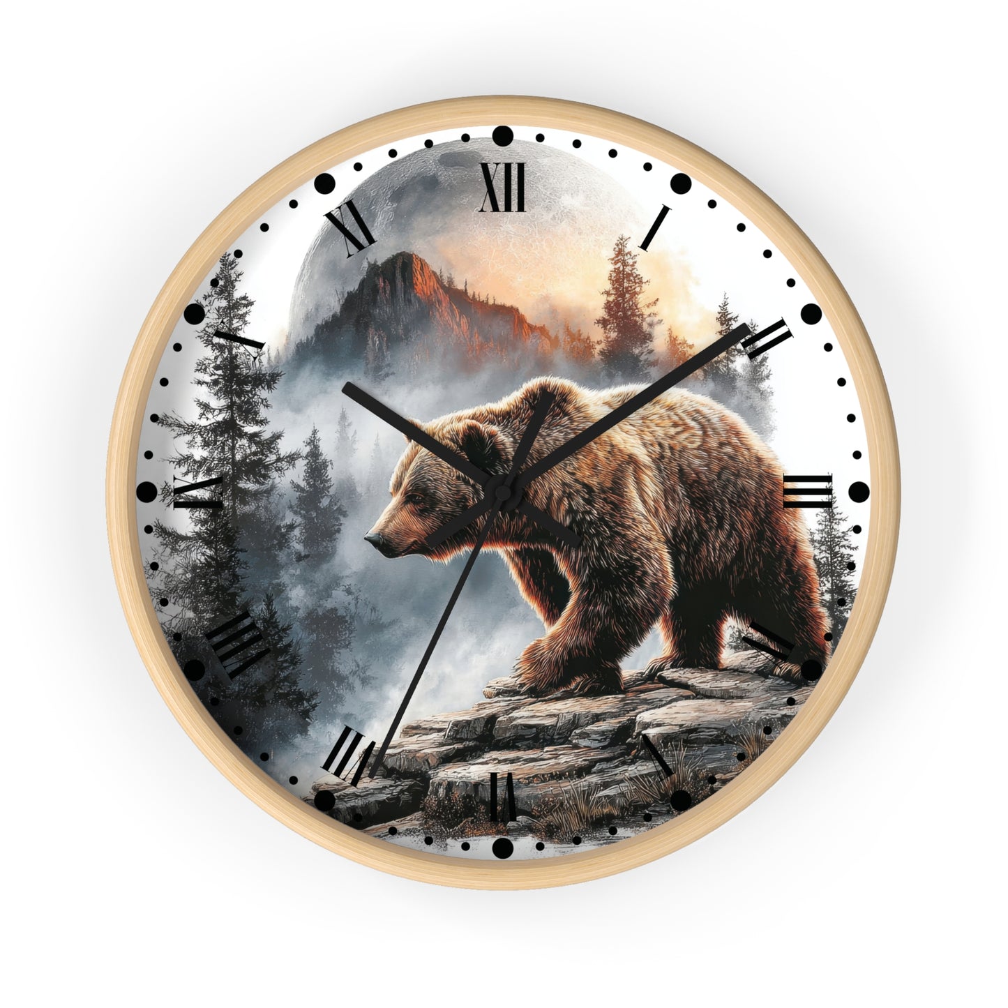 Round wall clock with a light wood frame and a printed scenic dial showing a brown bear standing on rocks in a misty mountain forest. The clock has black Roman numerals and black hands on a white background.