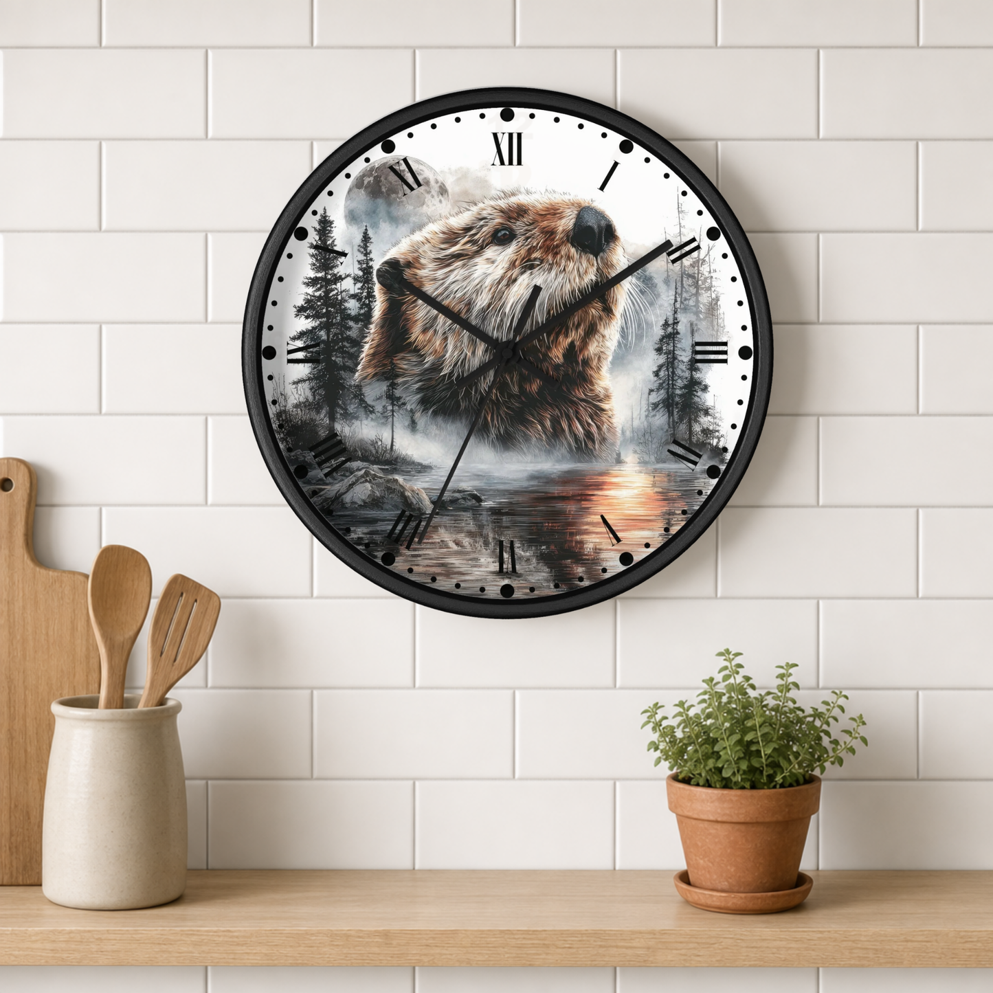 A round wall clock with a black frame and a printed beaver in a forest scene on the face, mounted on a white subway-tile wall above a wooden shelf with kitchen utensils and a potted plant.