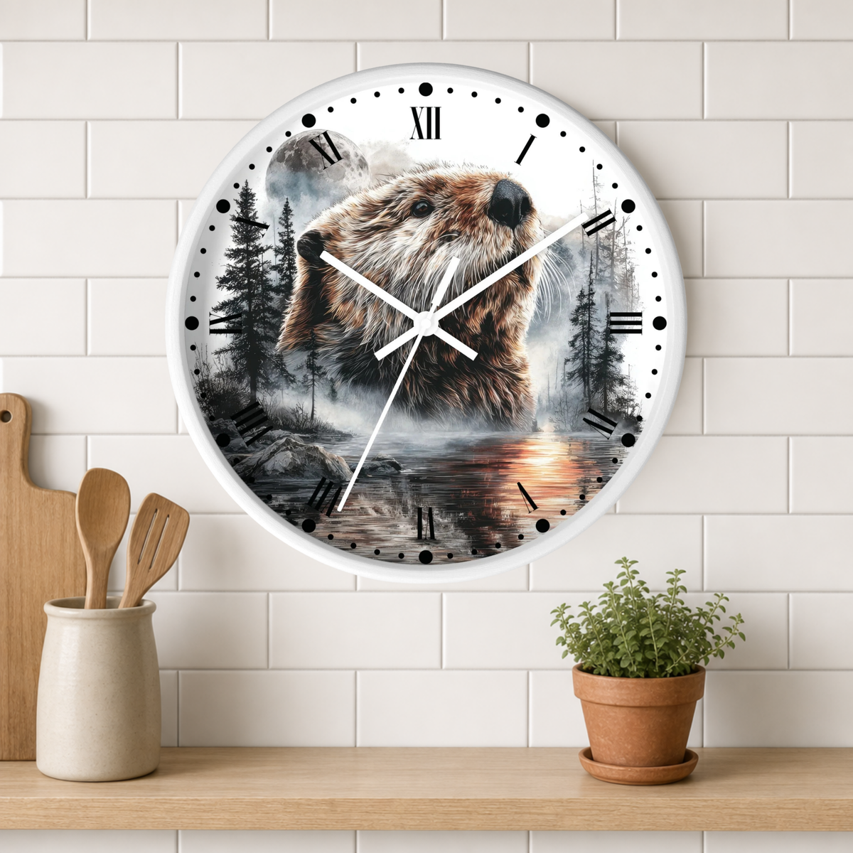 A round wall clock with a white frame and Roman numerals, featuring a printed illustration of a beaver in a misty forest by a lake. The clock is mounted on a white subway tile wall above a wooden shelf with a small potted plant and kitchen utensils.