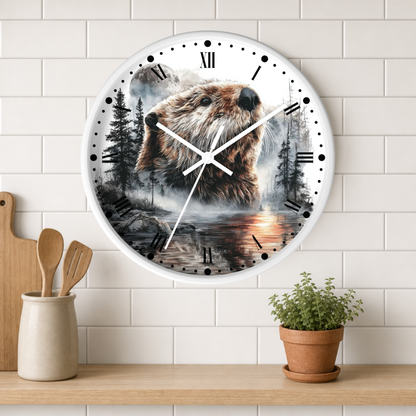 A round wall clock with a white frame and Roman numerals, featuring a printed illustration of a beaver in a misty forest by a lake. The clock is mounted on a white subway tile wall above a wooden shelf with a small potted plant and kitchen utensils.