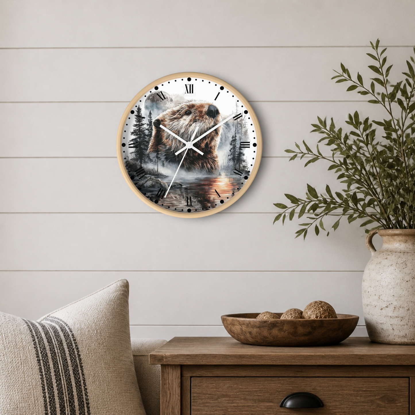 Beaver Wilderness Silhouette Wall Clock — Rustic Nature Animal Decor with Forest & Lake Scene