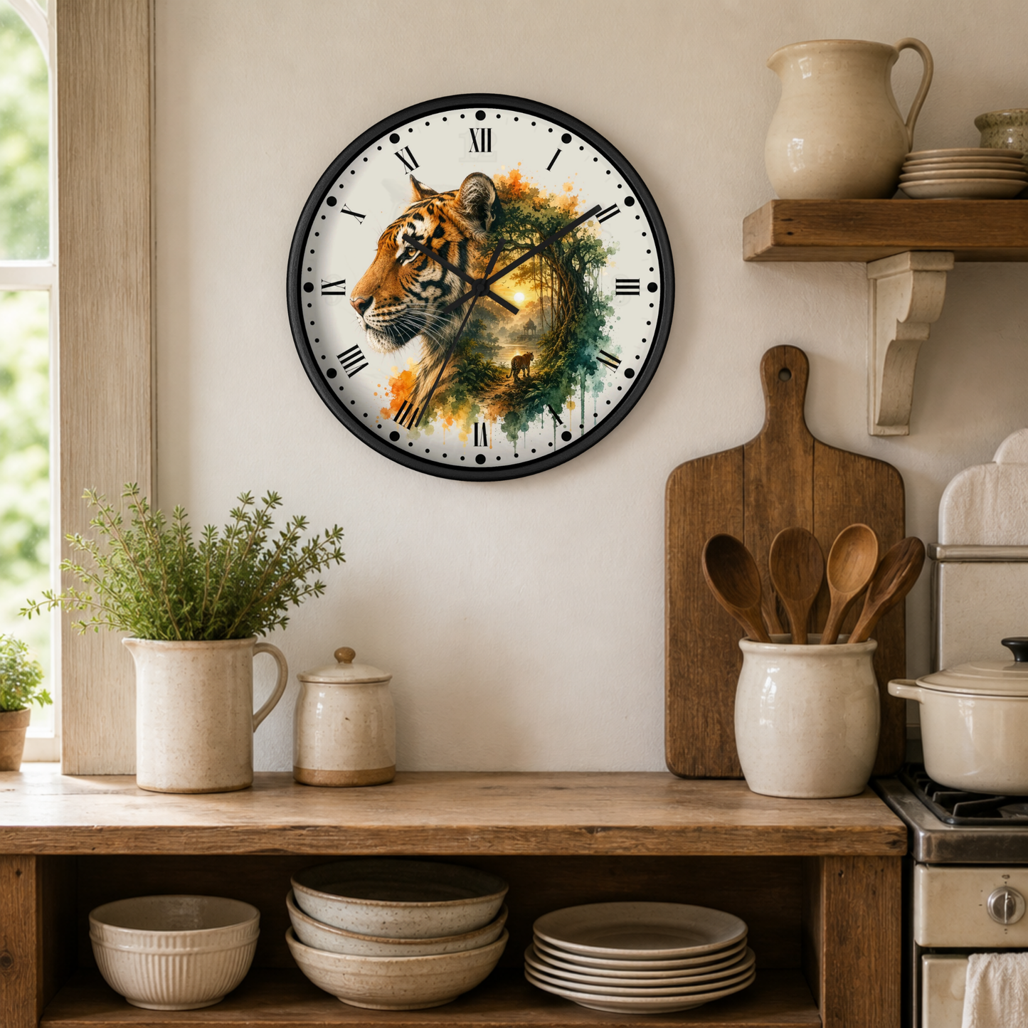 A round wall clock with a black frame and a watercolor-style tiger face design on the dial, mounted on a beige wall in a rustic kitchen setting with wooden shelves, ceramic dishes, and plants.