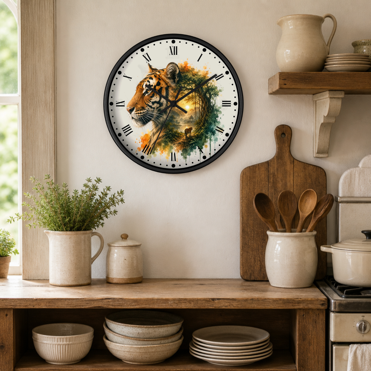 A round wall clock with a black frame and a watercolor-style tiger face design on the dial, mounted on a beige wall in a rustic kitchen setting with wooden shelves, ceramic dishes, and plants.