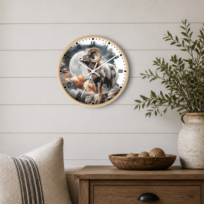 A round wall clock with a wood frame hangs on a white shiplap wall above a wooden side table. The clock face features a detailed illustration of a bighorn sheep standing in front of a full moon, with a small fire or embers near its feet.