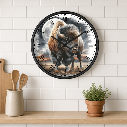 A round wall clock with a black frame and a printed design of a bison walking in front of a full moon, mounted on a white subway tile wall above a wooden shelf with kitchen utensils and a potted plant.