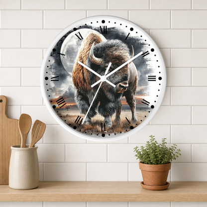 A round wall clock with a white frame and a printed design of a bison walking in front of a full moon, mounted on a white subway tile wall above a wooden shelf with kitchen utensils and a potted plant.