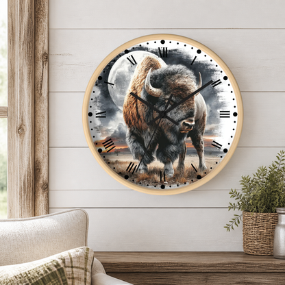A round wall clock with a natural wood frame and a printed design of a bison walking in front of a full moon, mounted on a white subway tile wall above a wooden shelf with kitchen utensils and a potted plant.