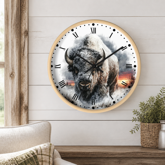 A round wall clock with a light wood frame hangs on a white shiplap wall above a wooden mantel. The clock face features a detailed photograph of a bison with a smoky, dramatic background and black Roman numerals.