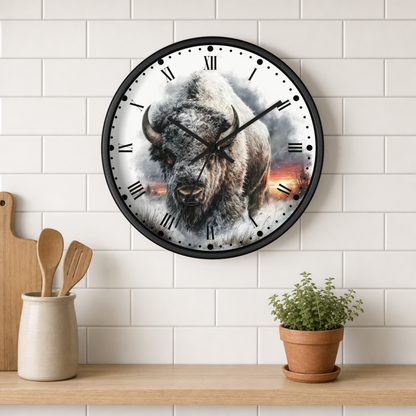 A round wall clock with a black frame and a printed bison design on the face, mounted on a white subway tile wall above a wooden shelf with a small potted plant and wooden utensils.