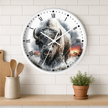 A round wall clock with a white frame and Roman numerals, featuring a detailed graphic of a bison in a smoky, fiery landscape. The clock is mounted on a white subway tile wall above a wooden shelf with a small potted plant and wooden utensils.