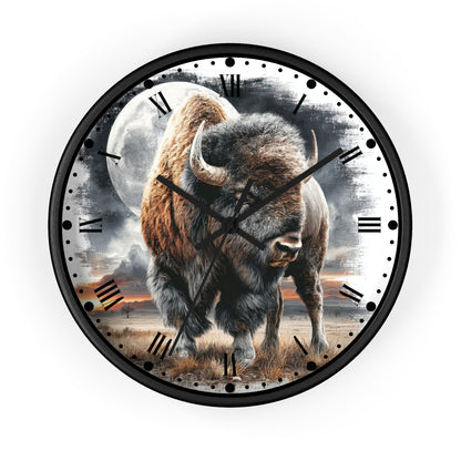 Round wall clock with a black frame and a printed design of a bison walking in front of a large moon and smoky sky. The clock face has black Roman numerals and black hands, shown against a plain white background.