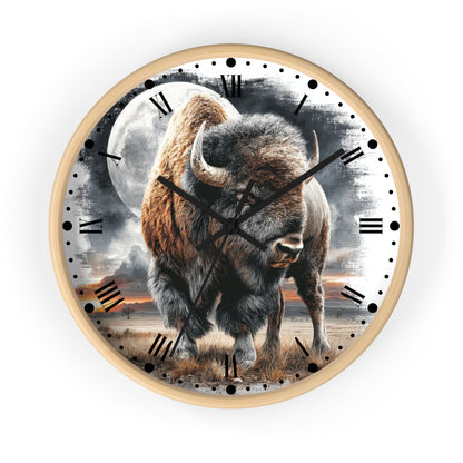 Round wall clock with a light wood frame and a printed design of a bison walking in front of a full moon, with black Roman numerals and hands on a white background.