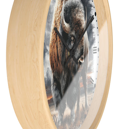 Round wall clock with a light natural wood frame and a printed bison artwork on the face, shown against a plain white background.