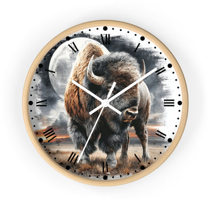 Round wall clock with a light wood frame and a printed design of a bison walking in front of a full moon, shown on a plain white background.