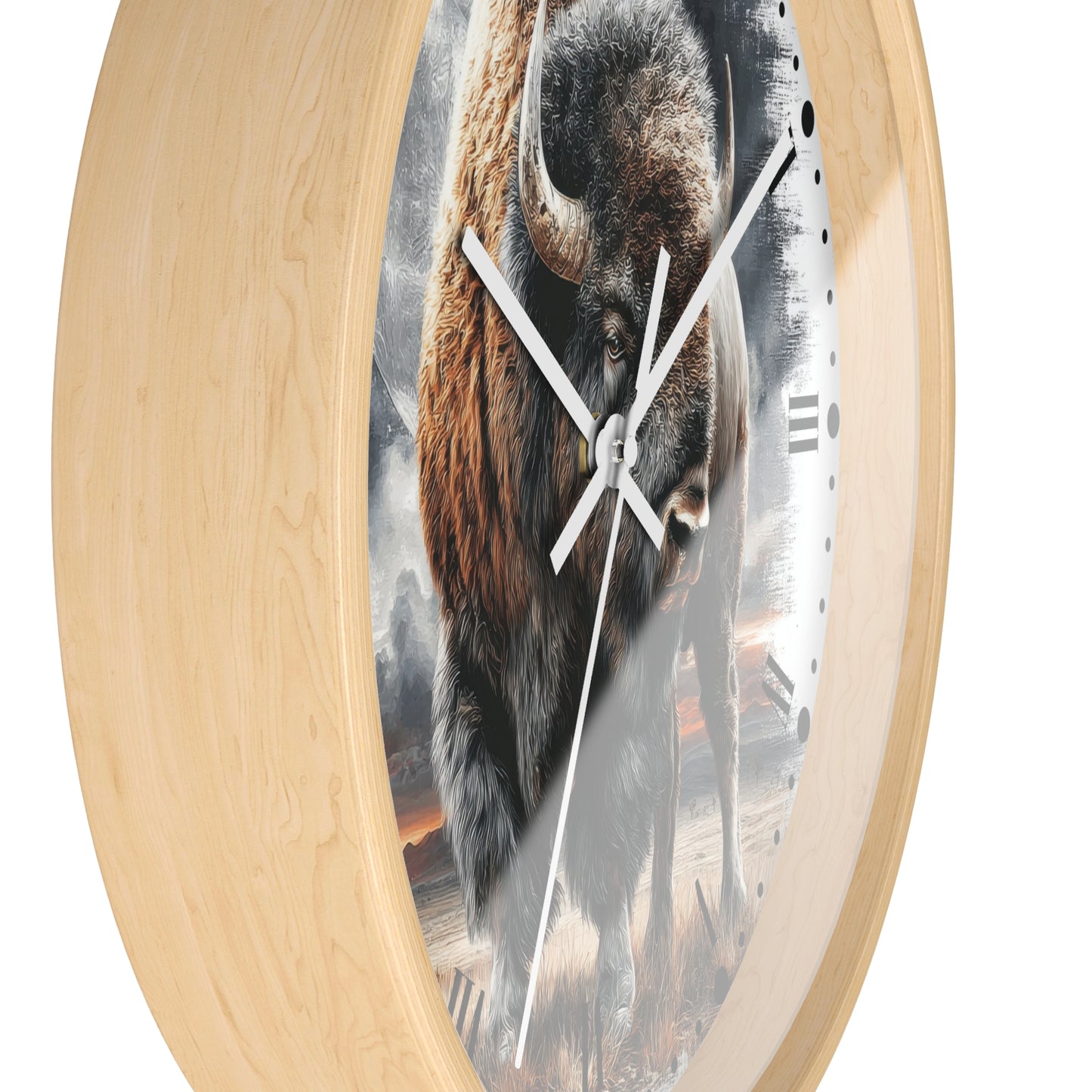 Round wall clock with a light natural wood frame and a printed bison artwork on the face, shown against a plain white background.