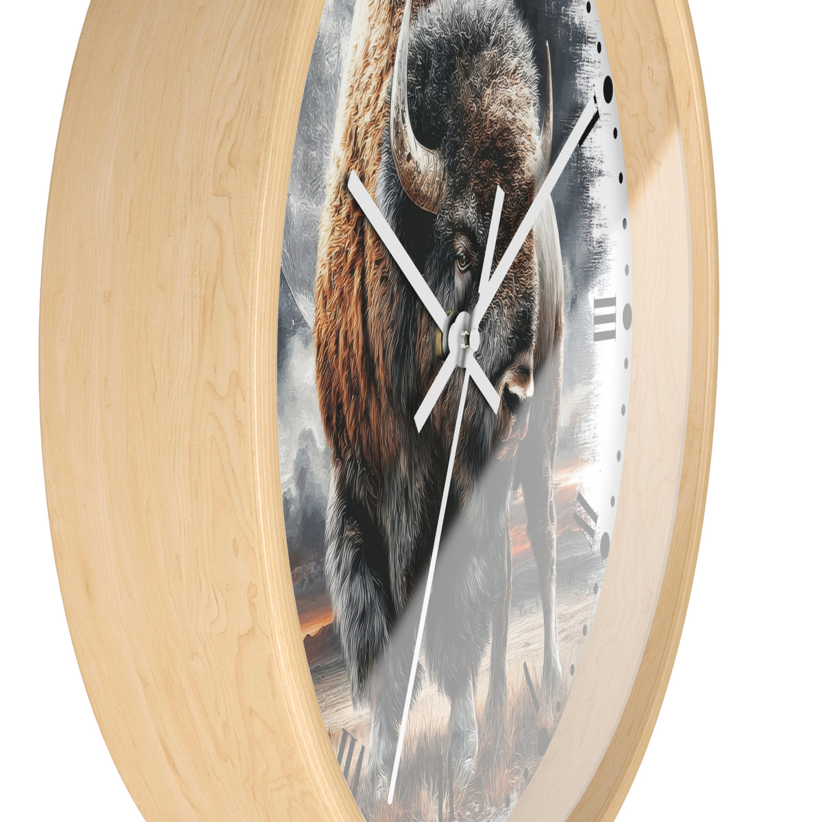 Round wall clock with a light natural wood frame and a printed bison artwork on the face, shown against a plain white background.