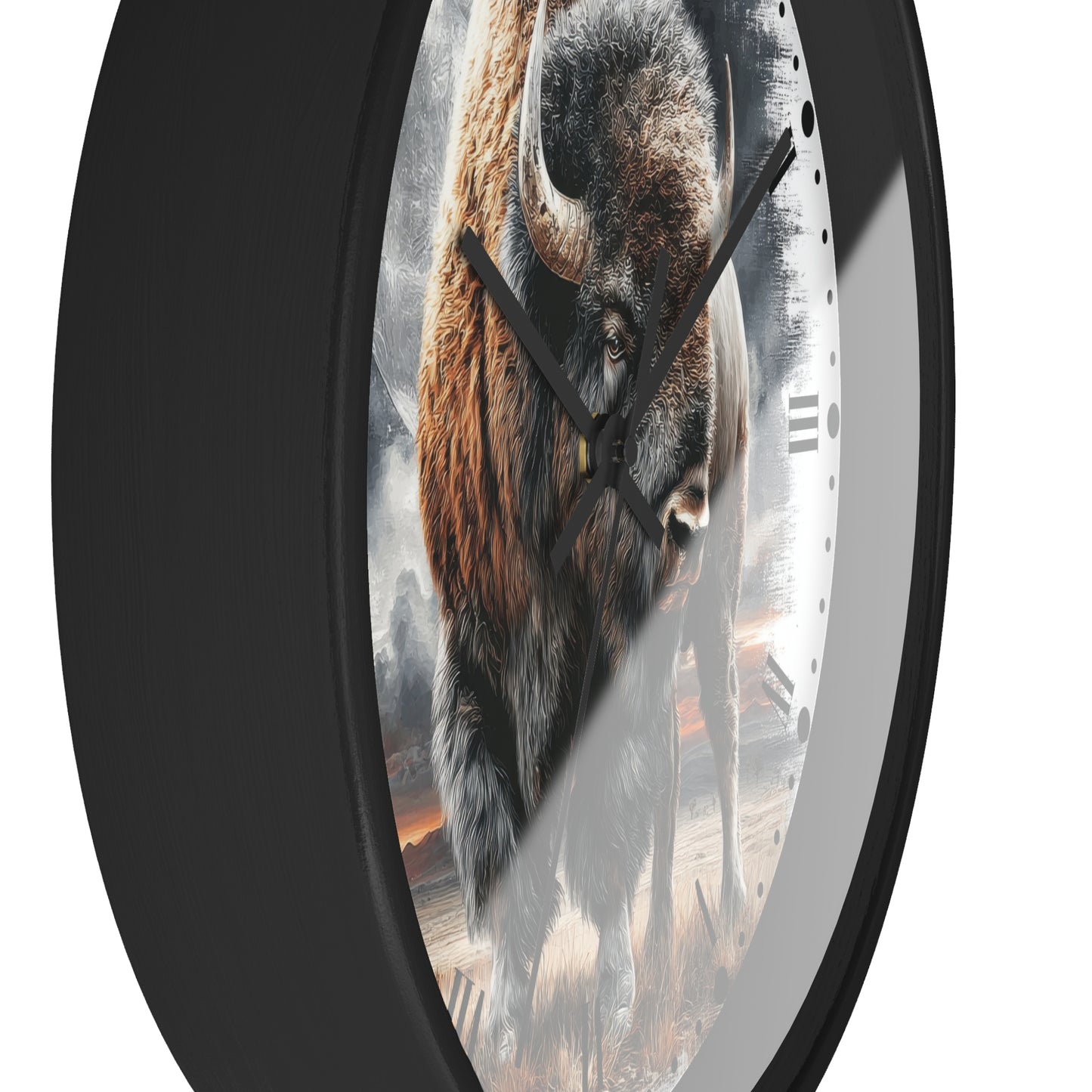 Round wall clock with a black frame and a printed bison design on the face, shown against a plain white background.