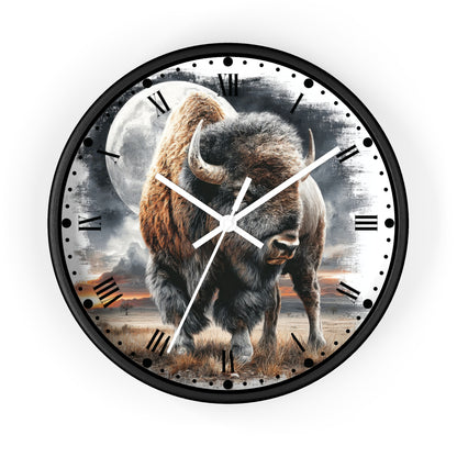 Round wall clock with a black frame and a printed bison scene on the face, featuring Roman numerals and white clock hands against a light gray background.