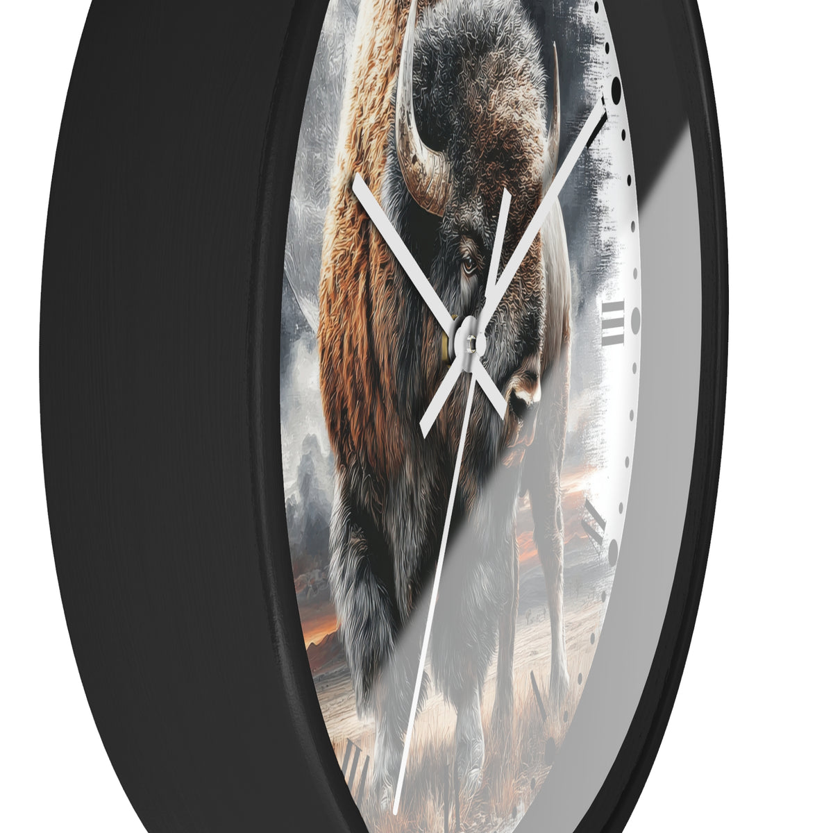 A round wall clock with a black frame and a printed bison design on the face, shown against a plain white background.