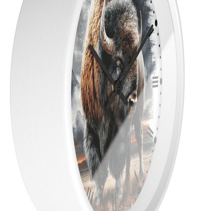 Round wall clock with a white frame and a printed bison design on the face, shown against a plain white background.