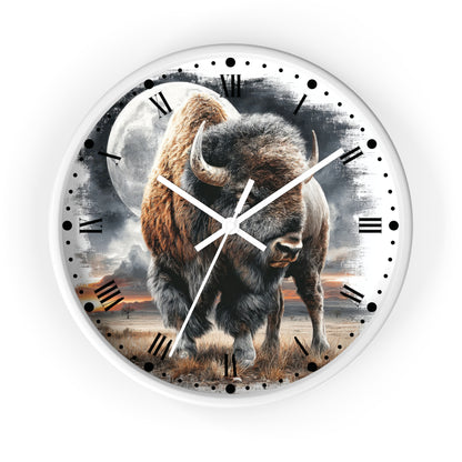 Round wall clock with a white frame and a printed design of a bison standing in front of a full moon and dramatic sky. The clock face has black Roman numerals, black dot hour markers, and white clock hands.