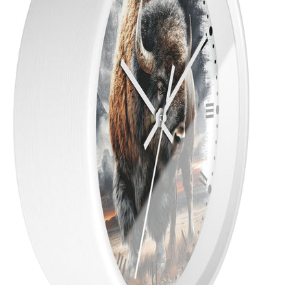 A white round wall clock with a printed bison print on the face, shown against a plain white background.
