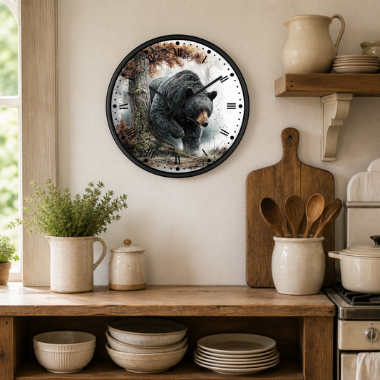 A round wall clock with a black frame hangs on a beige wall in a rustic kitchen setting. The clock face features an illustration of a bear in a forest.