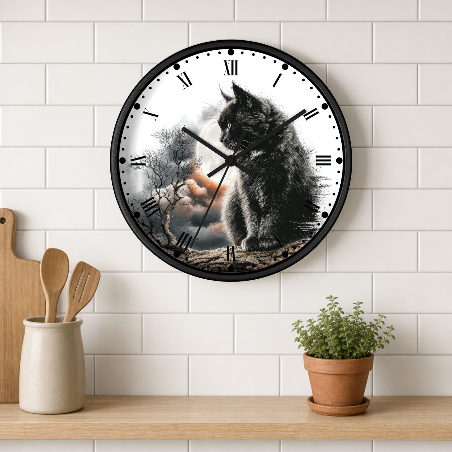 Black Cat Full Moon Wall Clock —  Cat Lovers Decor