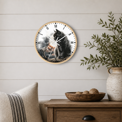 A round wall clock with a light wood frame hangs on a white shiplap wall above a wooden side table. The clock face features a black and white illustration of a fluffy cat looking up, with a warm moon glow in the background.