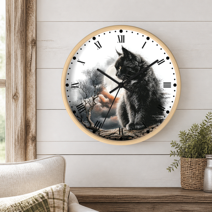 A round wall clock with a light wood frame hangs on a white shiplap wall above a wooden side table. The clock face features a black and white illustration of a fluffy black cat looking off in the distance, with a warm moon glow in the background.