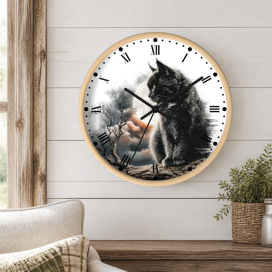 A round wall clock with a light wood frame hangs on a white shiplap wall above a wooden side table. The clock face features a black and white illustration of a fluffy black cat looking off in the distance, with a warm moon glow in the background.