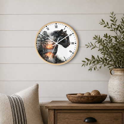 Round wall clock with a light wood frame and a printed design of a black panther over a forest and sunset scene, mounted on a white shiplap wall above a wooden side table with a plant and decorative bowl.