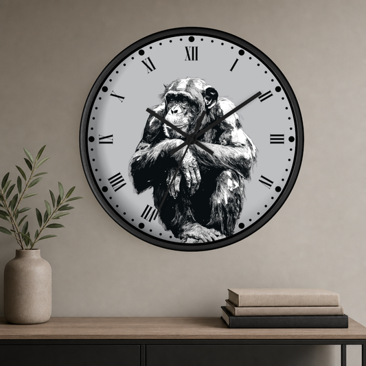 A round wall clock with a black frame and a white face featuring a black-and-white illustration of a chimpanzee, mounted on a beige wall above a console table with books and a plant.