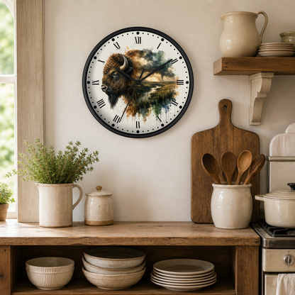 Buffalo Landscape Wall Clock — Rustic Prairie Bison Art