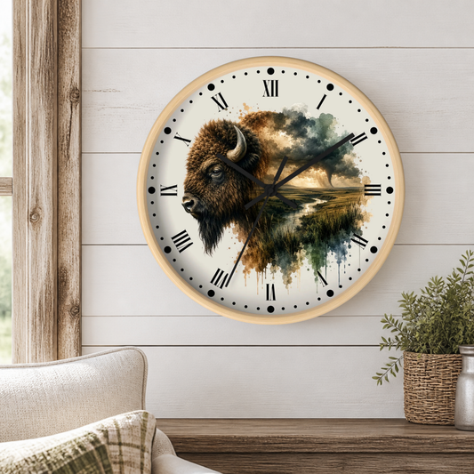 Buffalo Landscape Wall Clock — Rustic Prairie Bison Art