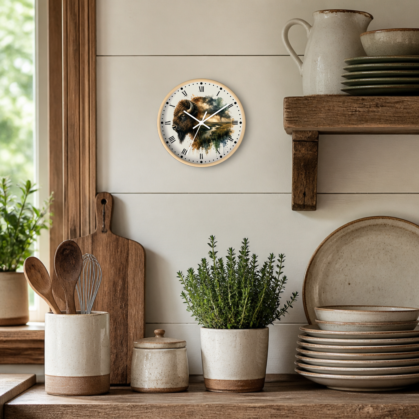 Buffalo Landscape Wall Clock — Rustic Prairie Bison Art