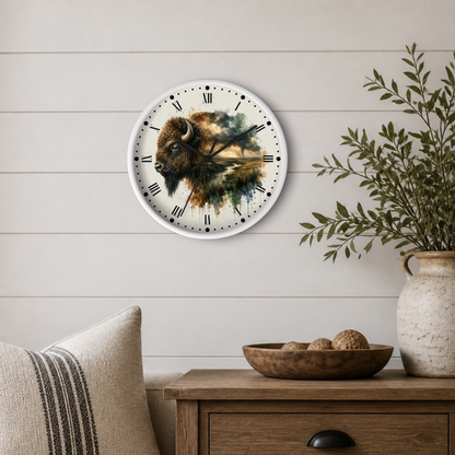 Buffalo Landscape Wall Clock — Rustic Prairie Bison Art