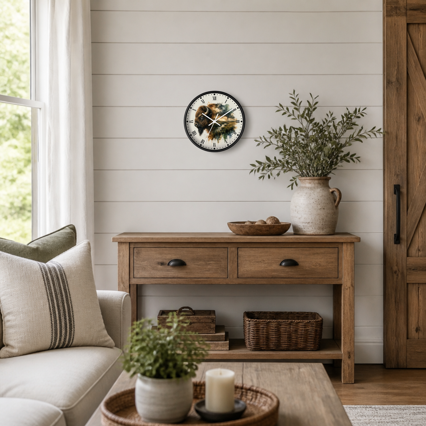 Buffalo Landscape Wall Clock — Rustic Prairie Bison Art