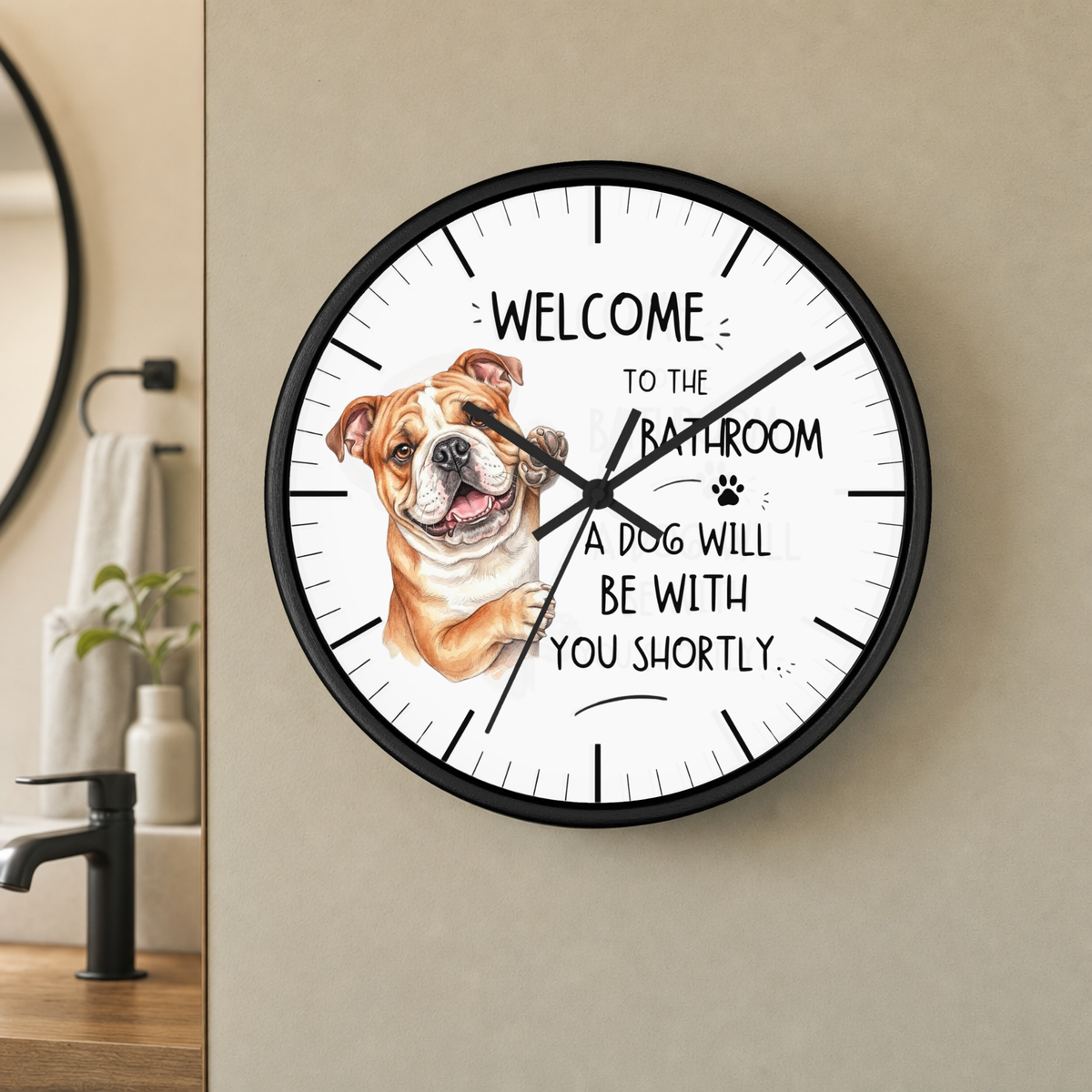 A round wall clock with a black frame and a white face, featuring a watercolor illustration of a bulldog and the text 'WELCOME TO THE BATHROOM A DOG WILL BE WITH YOU SHORTLY.