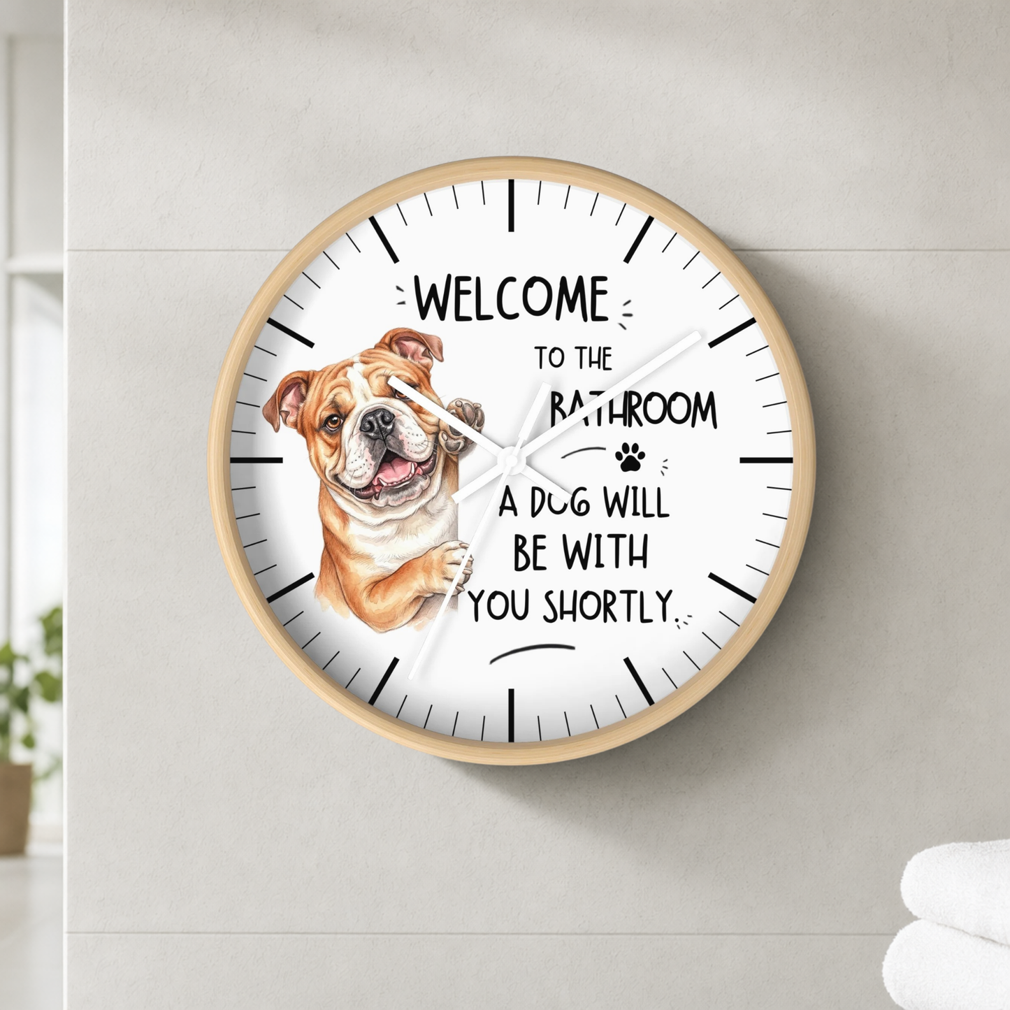 A round wall clock with a light wood frame and white face, featuring a watercolor illustration of a bulldog and the text 'WELCOME TO THE BATHROOM A DOG WILL BE WITH YOU SHORTLY.' The clock is mounted on a light gray tiled wall.
