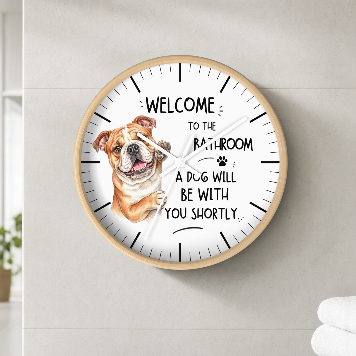 A round wall clock with a light wood frame and white face, featuring a watercolor illustration of a bulldog and the text 'WELCOME TO THE BATHROOM A DOG WILL BE WITH YOU SHORTLY.' The clock is mounted on a light gray tiled wall.