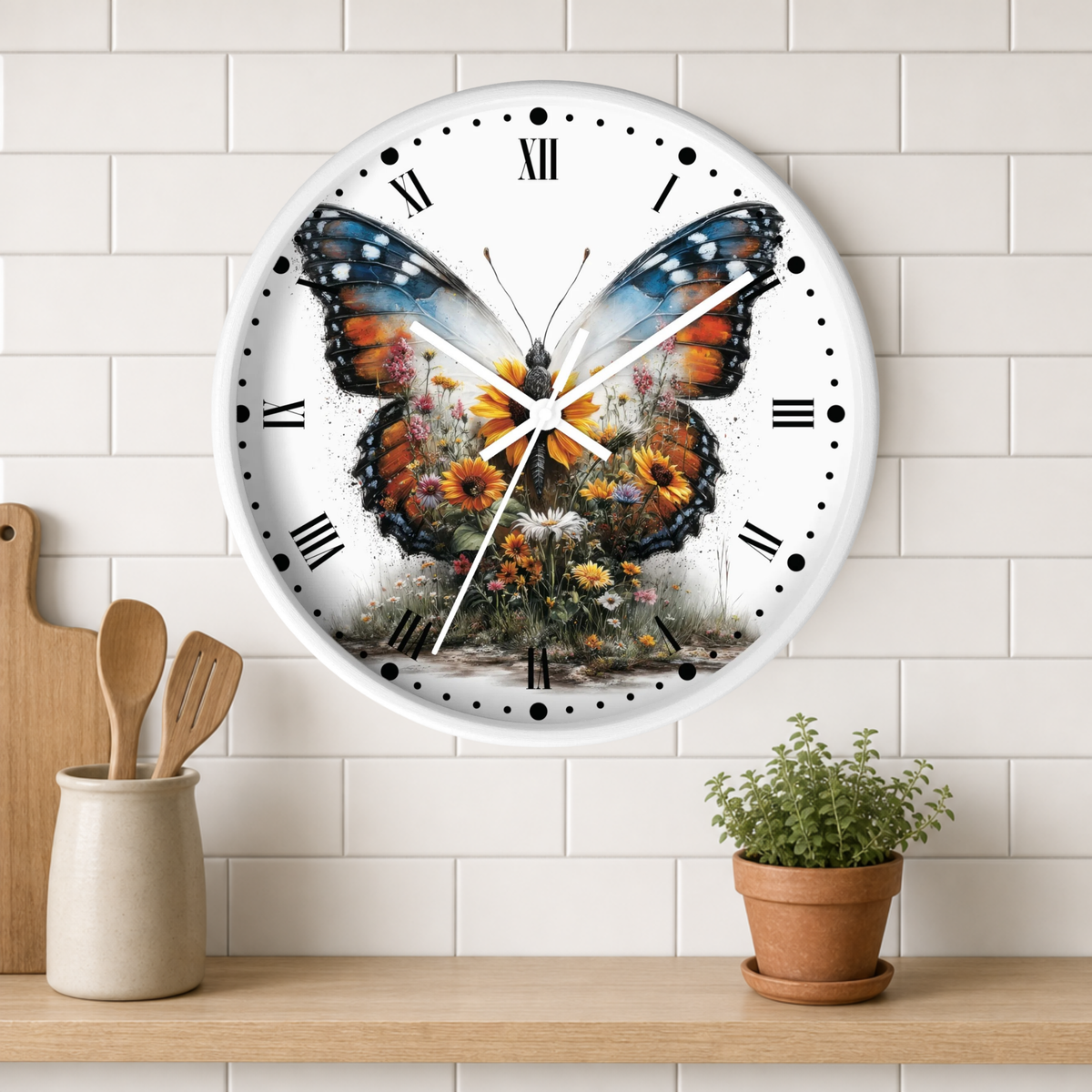 A round wall clock with a white face and black Roman numerals, featuring a large colorful butterfly over a floral background. The clock is mounted on a white subway-tile wall above a wooden shelf with a small potted plant and wooden utensils.