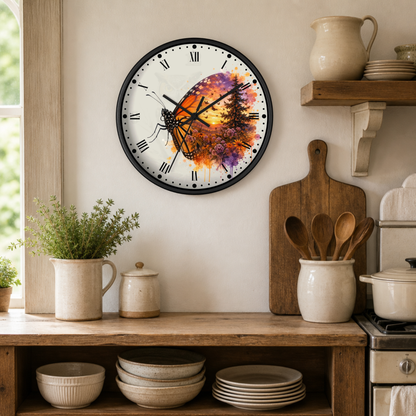 A round wall clock with a black frame hangs on a beige kitchen wall above wooden shelves. The clock face features a colorful butterfly over a forest scene in orange, purple, and yellow tones.