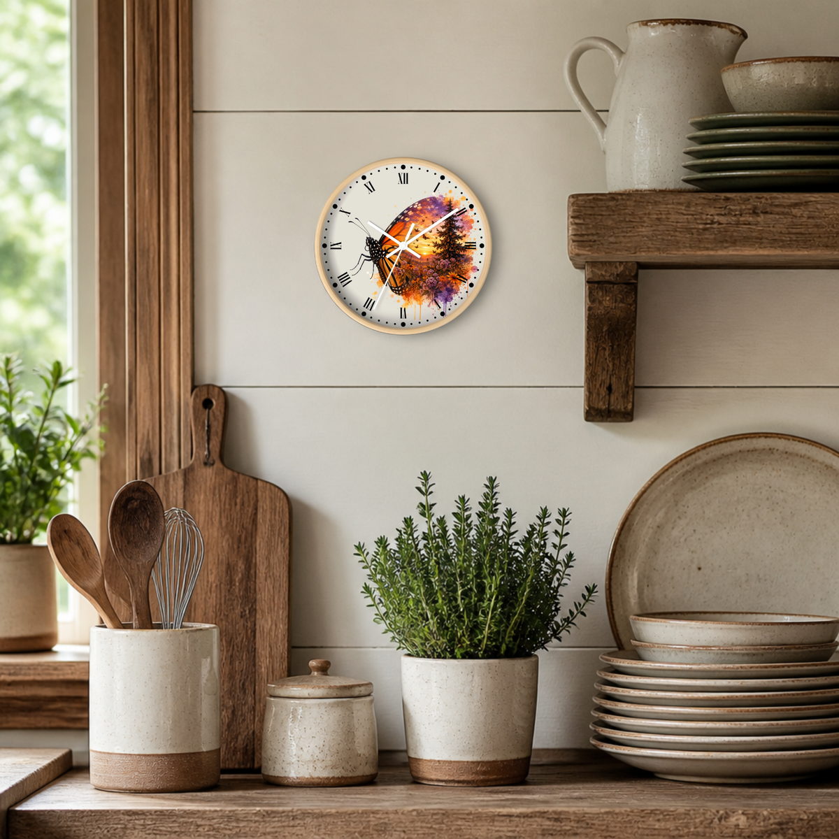 A round wall clock with a colorful butterfly design and black Roman numerals, mounted on a light beige shiplap wall in a rustic kitchen setting with wooden shelves, ceramic dishes, and potted plants.