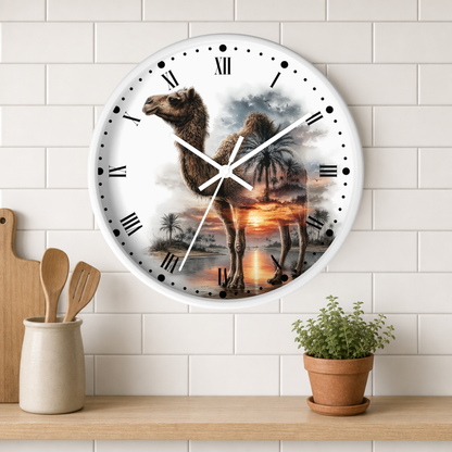 A round wall clock with a white frame and Roman numerals, featuring a printed camel landscape design with a sunset. The clock is mounted on a white subway tile wall above a wooden shelf with a small potted plant and wooden utensils.