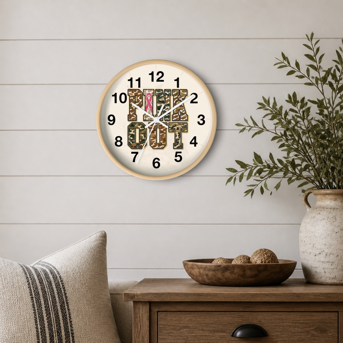 Cancer Awareness Wall Clock —  Camo Ribbon "Pink Out" Support Gift