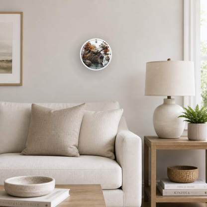 A round wall clock with a detailed autumn forest illustration hangs on a light gray wall in a modern living room setting with a beige sofa, wooden side table, and a lamp.