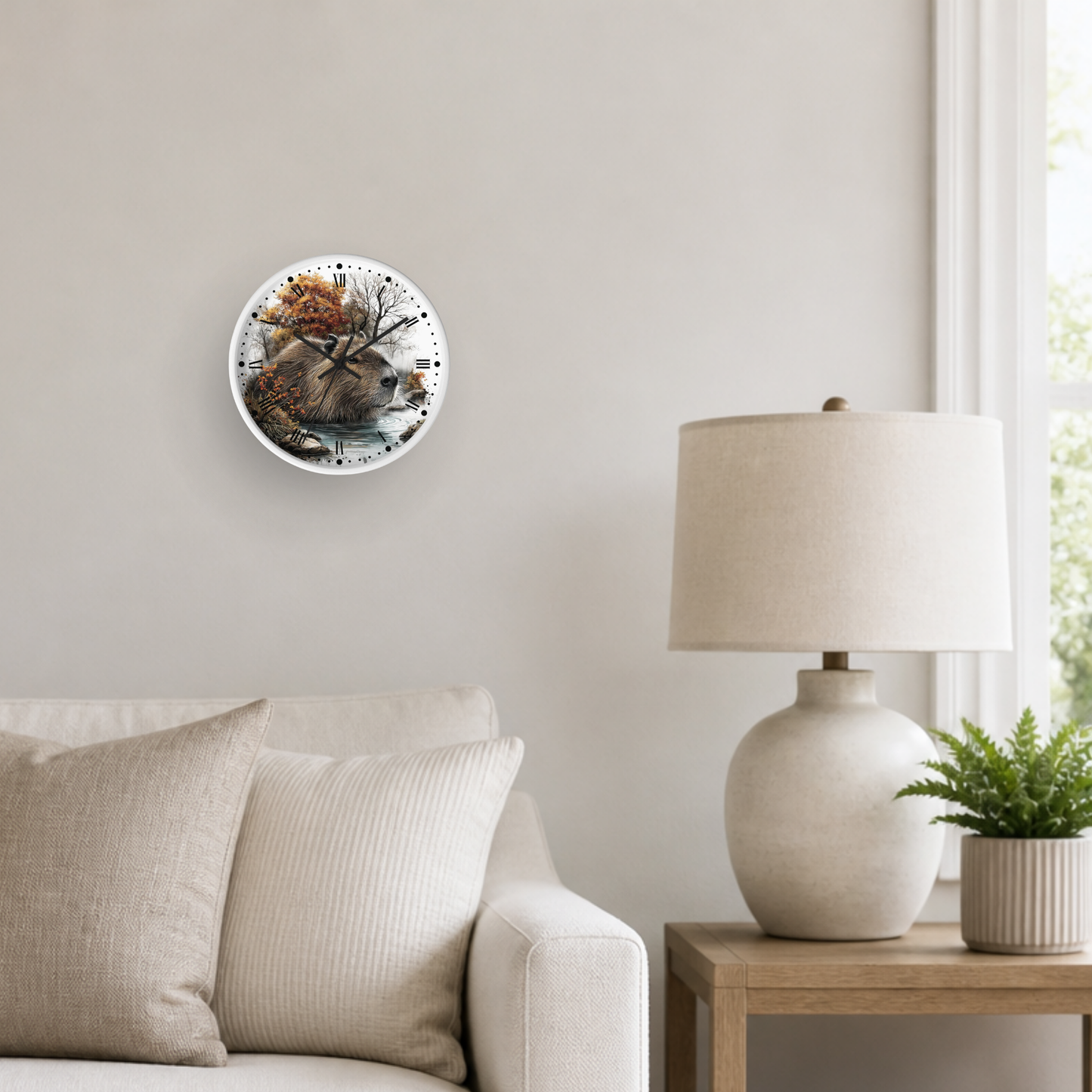 A round wall clock with a detailed illustration of a capybara and autumn trees, mounted on a light beige wall in a modern living room setting next to a lamp and sofa.